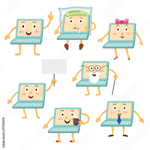 vector flat cartoon funny laptop humanized male characters set. Cheerful old and young man notebooks with different emotions. Isolated illustration on a white background.