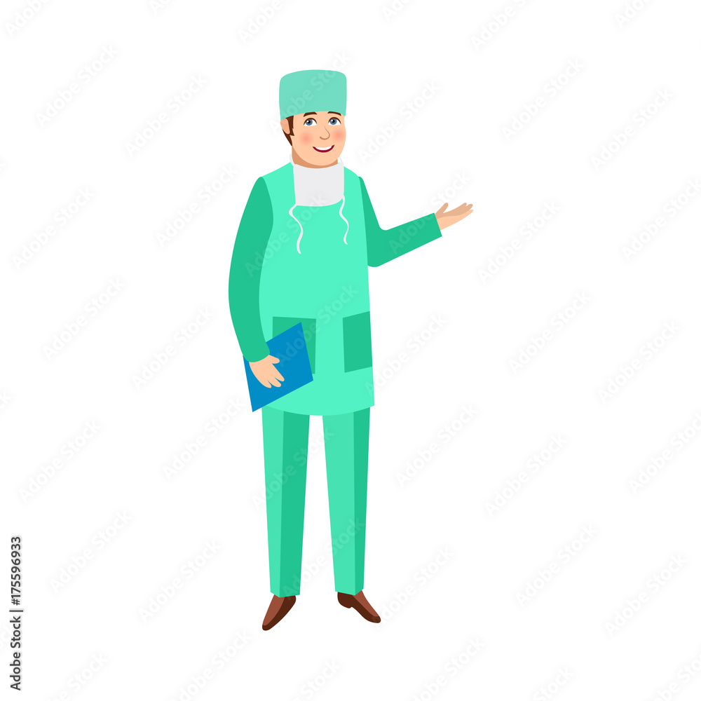 vector flat cartoon adult male doctor, surgeon in green medical uniform - mask cap, holding clipboard pointing something out smiling. Isolated illustration on a white background. vector flat cartoon adult male doctor, surgeon in green medical uniform - mask cap, holding clipboard pointing something out smiling. Isolated illustration on a white background.