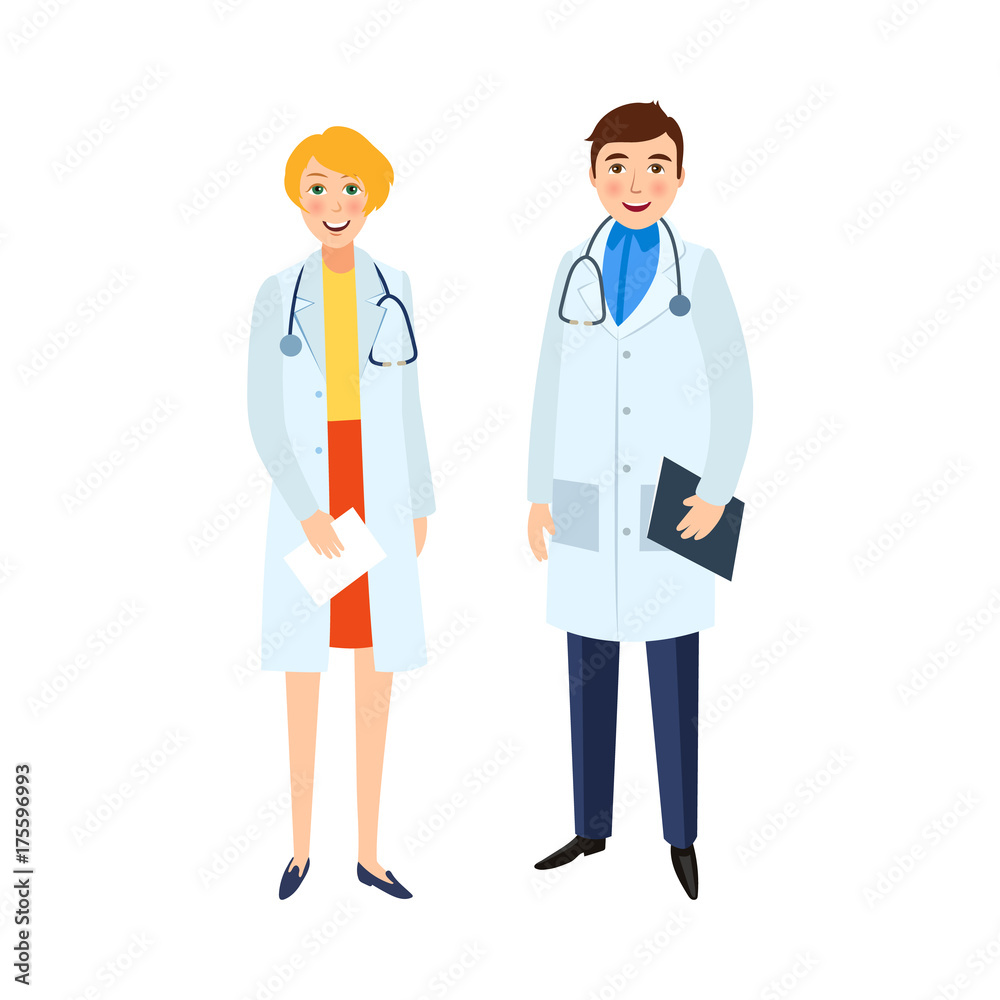 Two doctors, therapist, males and female, in medical gowns, hospital staff, flat cartoon vector illustration isolated on white background. Flat cartoon doctors, man and woman, in medical gowns Two doctors, therapist, males and female, in medical gowns, hospital staff, flat cartoon vector illustration isolated on white background. Flat cartoon doctors, man and woman, in medical gowns