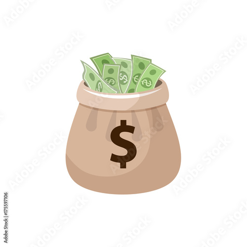 Canvas money bag full of dollar banknotes, vector illustration isolated on white background. Canvas money bag full of dollar banknotes, jackpot concept