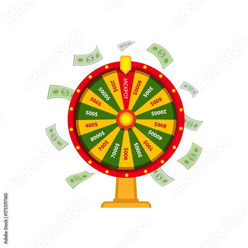 Wheel of fortune with money, dollar banknots falling, casino symbol, vector illustration isolated on white background. Wheel of fortune, casino, gambling device, lottery concept