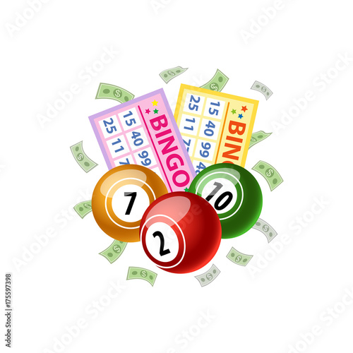 Bingo game cards and shiny round kegs, jackpot winning concept, vector illustration with shadows isolated on white background. Bingo board game, lotto cards, numbered kegs, balls and falling money