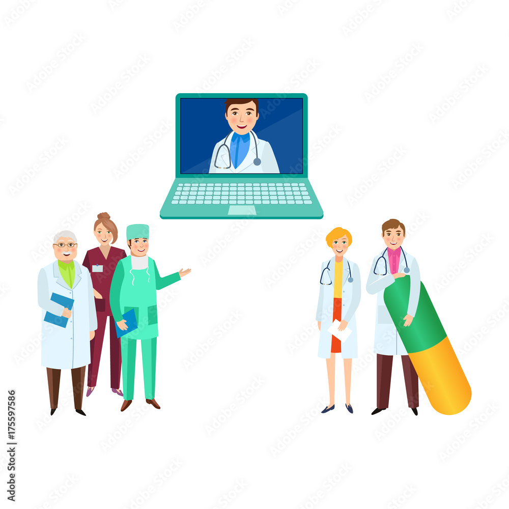 vector flat cartoon adult male, female doctors, head physician in laptop nurse holding clipboard, stethoscope smiling set empty white poster. Isolated illustration on a white background.