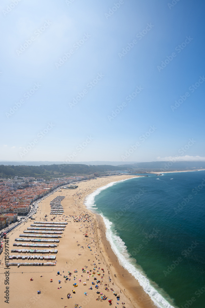 Aerial view of beach in Nazare Portugal at clear summer day Aerial view of beach in Nazare Portugal at clear summer day