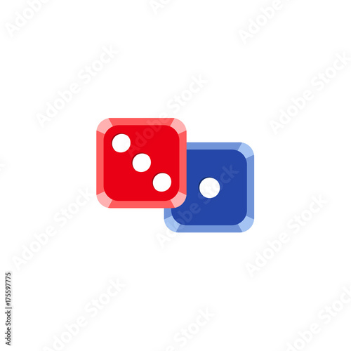 vector flat cartoon casino dotted red, blue color dice cubes. Isolated illustration on a white background. Symbol of gambling game, risk , chances. Profit and money