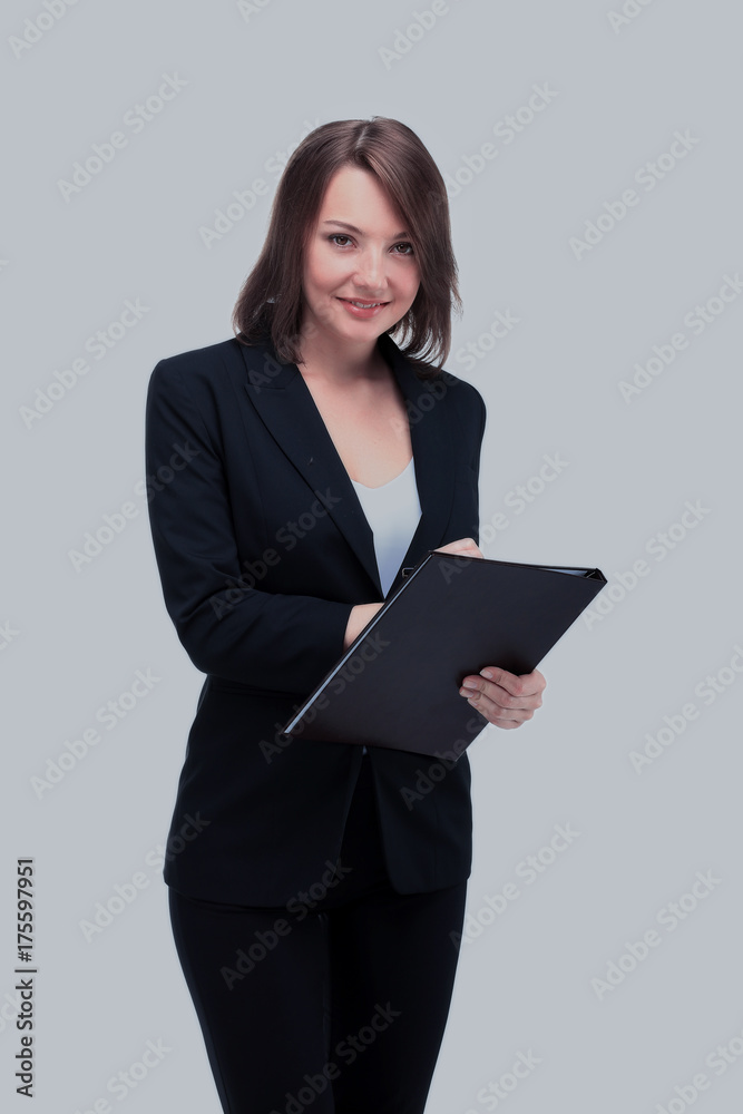 Full-length portrait of businesswoman keeping folder, isolated o Full-length portrait of businesswoman keeping folder, isolated o