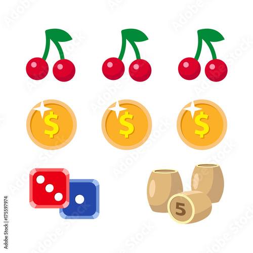 vector flat cartoon casino, gambling symbols set. Fruit cherry berry slot mashine jackpot, Lotto, bingo barrels or kegs, dice cubes poker coins, chips. Isolated illustration on a white background.