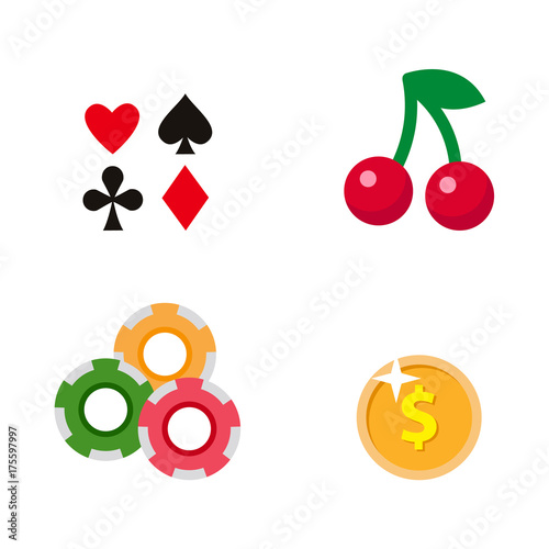 vector flat cartoon casino, gambling symbols set. Fruit cherry berry slot mashine jackpot, poker cards all suits, poker coins, chips. Isolated illustration on a white background.