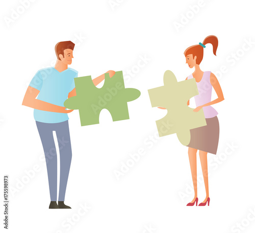 Concept on the topic of compatibility of partners. Problems of mutual understanding between a man and a woman. Young couple holding puzzle pieces. Vector illustration, isolated.
