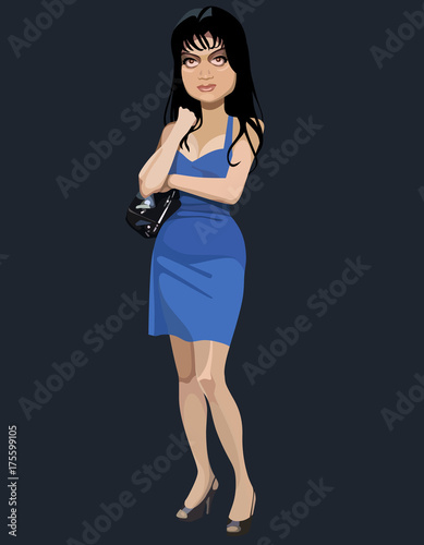 cartoon slender woman in a short blue dress