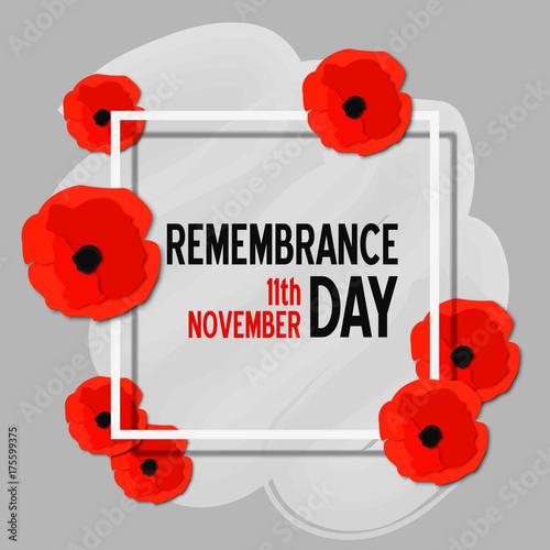Remembrance day paper cut poster with poppy flowers and white frame. Vector illustration template in 3d paper style.
