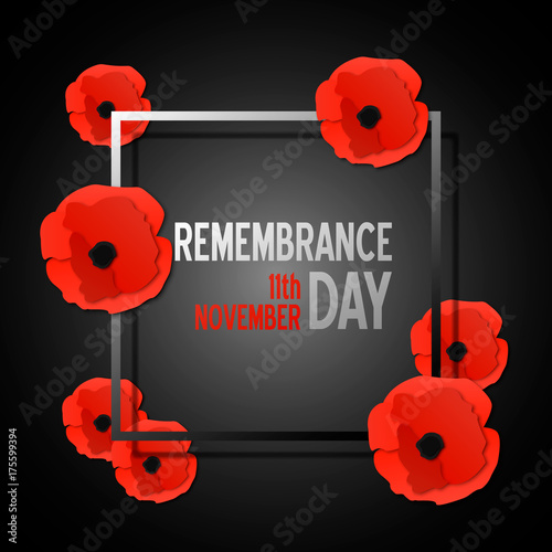 Remembrance day paper cut banner with poppy flowers and frame. Vector illustration template in 3d paper style.