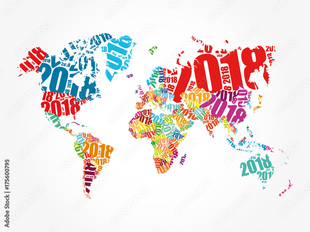 2018 Happy New Year, in shape of World Map typography, word cloud collage concept