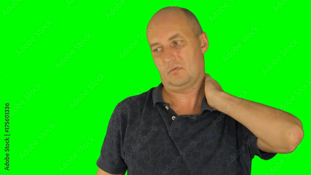 Man rubbing his shoulders with left hand. Front view waist up in polo shirt. Man rubbing his shoulders with left hand. Front view waist up in polo shirt.