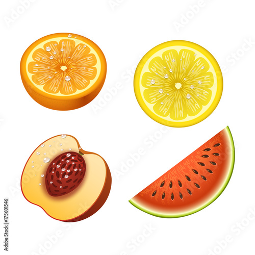 Ripe orange peach watermelon fruits 3d citrus slices sweet food realistic organic vector illustration.