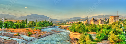 View of Dushanbe with the Varzob River and the Pamir-Alay mountains. Tajikistan, Central Asia