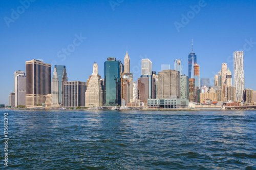 Lower Manhattan Skyline from Brooklyn Bridge Park  NYC  USA