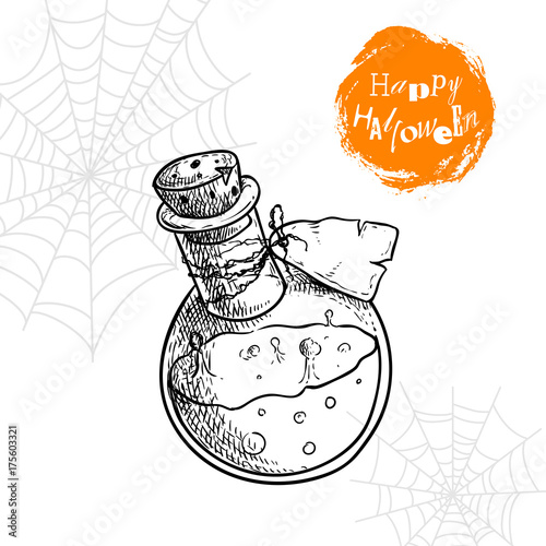 Hand drawn potion bottle with label and fizzy poison. Halloween party poster and invitation design element. Magic symbol isolated on white background.
