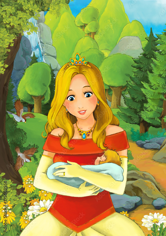 Cartoon scene with some beautiful girl in forest - illustration for children Cartoon scene with some beautiful girl in forest - illustration for children