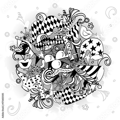 Hand Drawn Party Symbols. Children Drawings of Party Elements Arranged in a Circle. Vector Illustration.