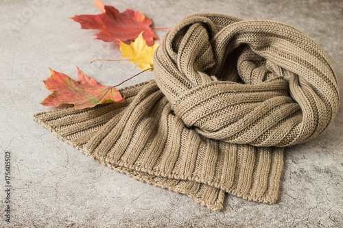 
  Autumn. A warm knitted scarf and fallen maple leaves on a gray background.