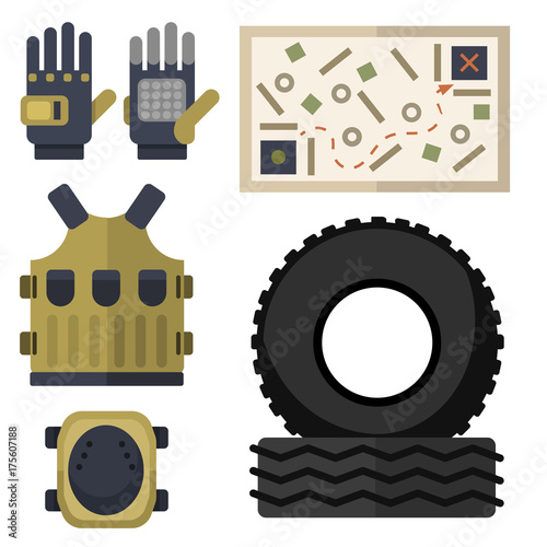 Paintball club symbols icons protection uniform and sport game design elements equipment target vector illustration
