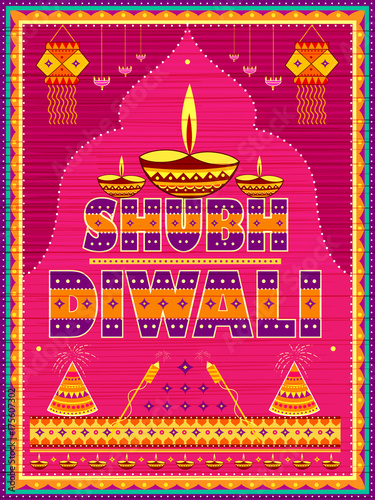 Colorful Indian truck painting on Happy Diwali card for festival of light of India