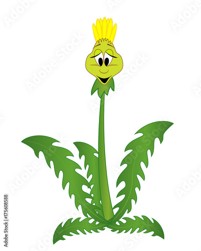 Fototapeta Naklejka Na Ścianę i Meble -  Cute cartoon dandelion. Vector flower illustration isolated on white background. Cartoon plant.