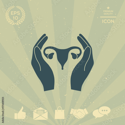 Hands holding Female uterus - protection icon