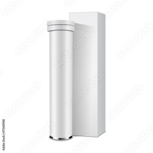 Realistic template of white plastic bottle with cap for medicine, pills, tabs. Packaging mock up illustration