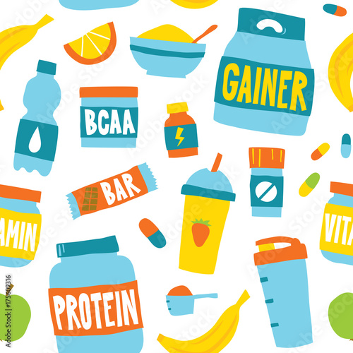 Sport food nutrition seamless vector pattern background on white