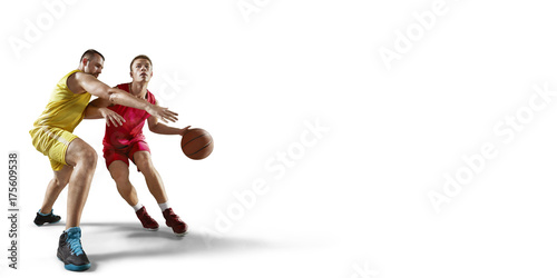 Two basketball players fight for the basketball ball. Isolated basketball players on a white background. Player wears unbranded clothes.