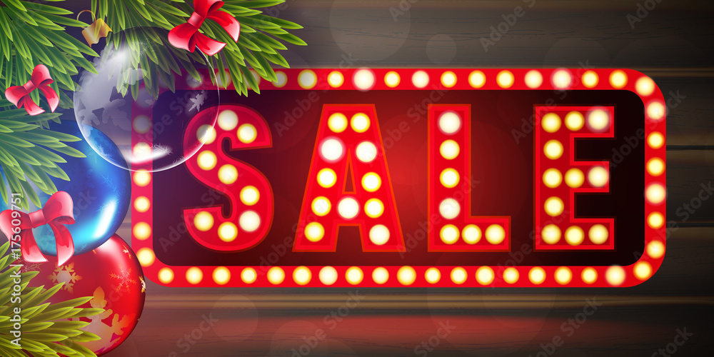 Christmas SALE vector ads banner background with fir tree branches color bulbs for winter New 2018 Year wholesale advertising illustration flyer and postcard design Christmas SALE vector ads banner background with fir tree branches color bulbs for winter New 2018 Year wholesale advertising illustration flyer and postcard design