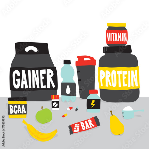 Sport foods nutrition and fruits cartoon vector illustration