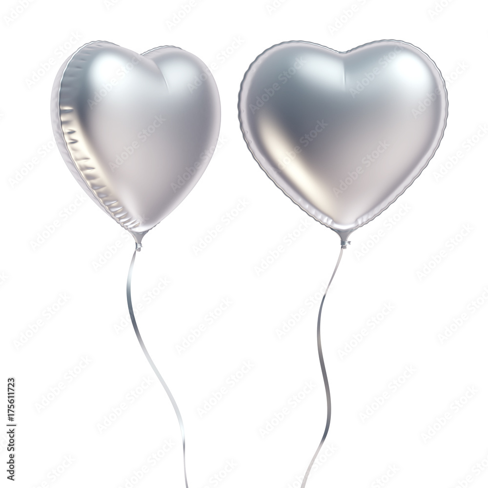 Silver heart shaped balloon isolated on white background, 3D rendering