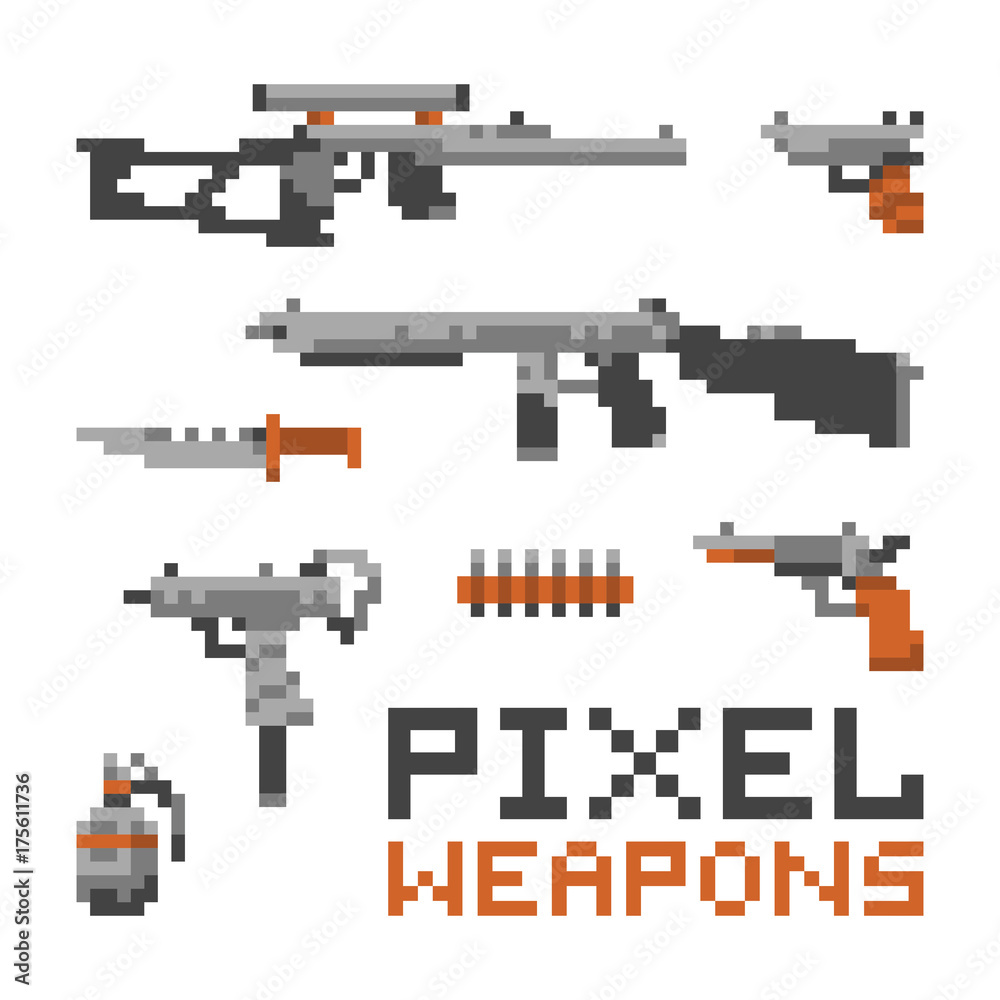 Pixel art game style weapons and guns isolated on white vector set