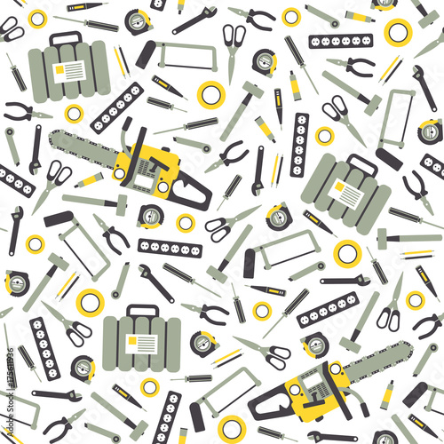 Seamless Pattern with Working Hand Tools for Repair and Construction. Illustration in flat style.