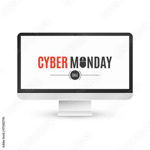 Modern LCD monitor on a white background with an inscription cyber Monday sale. Isolated on white background. Computer mouse. Vector
