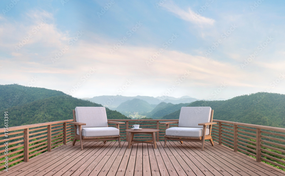 Wood balcony with mountain view 3d rendering image. There are wood floor.Furnished with fabric and wooden furniture. There are wooden railing overlooking the surrounding nature and mountain - obrazy, fototapety, plakaty 