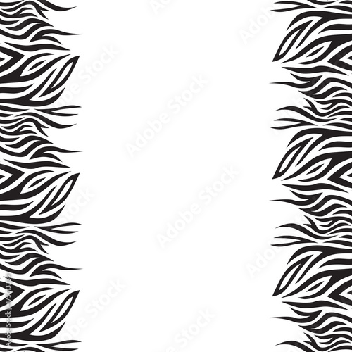 Black and white vector background with stripes. Boho style. Frame of graphic leaves.