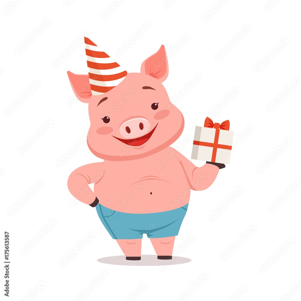 Cute pig in party hat holding gift box, funny cartoon animal vector Illustration Cute pig in party hat holding gift box, funny cartoon animal vector Illustration