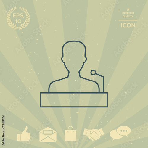 Speaker, orator speaking from tribune - line icon