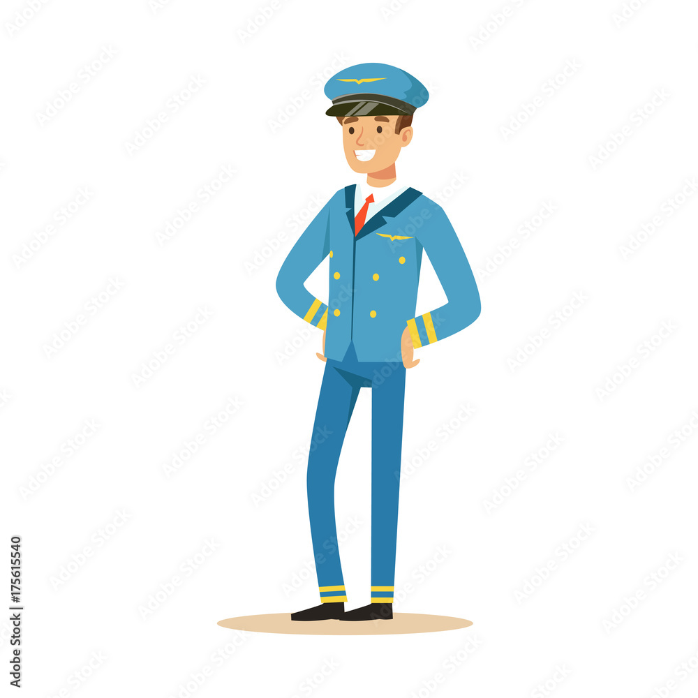 Smiling pilot stands on isolated white background Smiling pilot stands on isolated white background