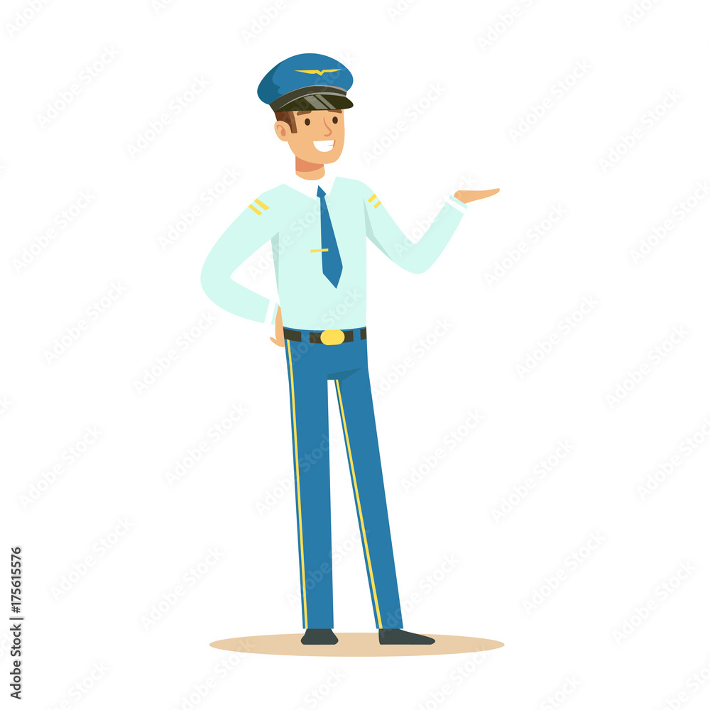 Captain of airplane stands on isolated white background Captain of airplane stands on isolated white background