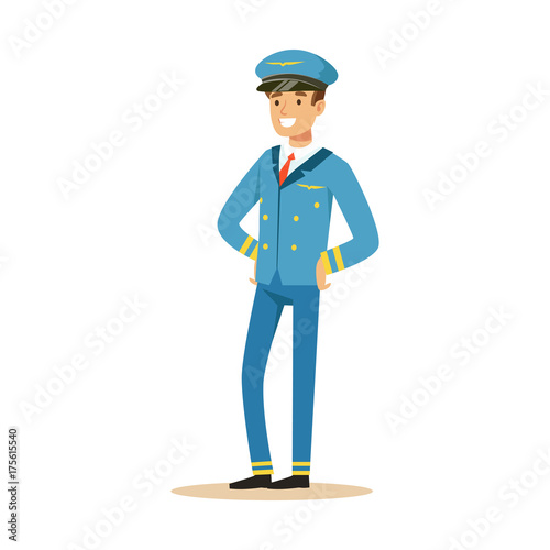 Smiling pilot stands on isolated white background