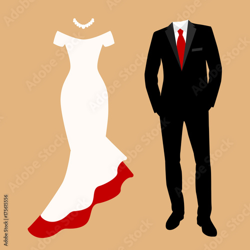 Wedding card with the clothes of the bride and groom.