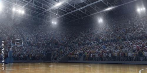Professional basketball arena in 3D. Big basketball stadium with a lot of fans, bright light and a basketball hoop.