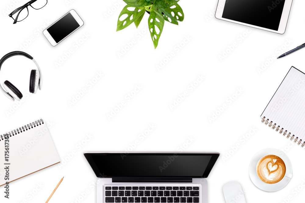 Modern workspace with laptop tablet, smartphone and coffee cup copy space on color background. Top view. Flat lay style.
