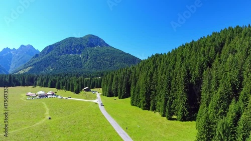 Going up on Val Visdende, aerial view of Italian Alps. photo