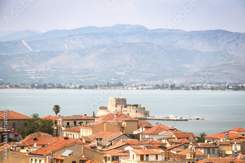Magnificent view over the old center of Nafplio in Greece taken from Palamidi castle with the sea in the background 